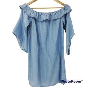 1250°C Blue Chambray Off Shoulder Ruffle Tunic Dress Size S Bell Sleeve Blouse
